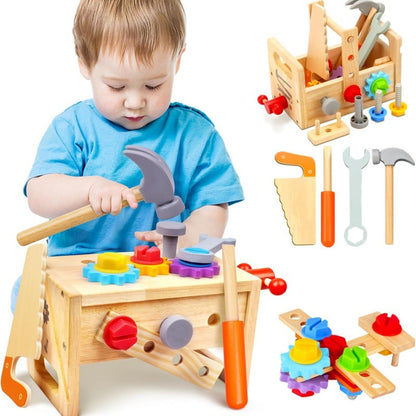Montessori-Holzwerkzeug-Set mit Bank und Werkzeugkasten-Funktion für Kleinkinder