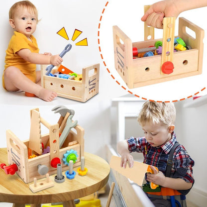 Montessori Werkzeugset aus Holz mit Werkbank und Werkzeugkasten-Funktion für Kleinkinder