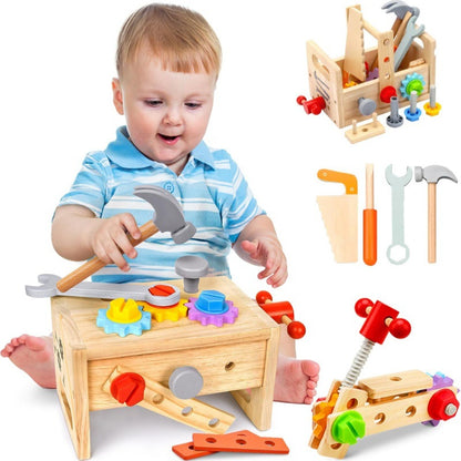 Montessori-Holzwerkzeug-Set mit Werkbank und Werkzeugkasten-Funktion für Kleinkinder