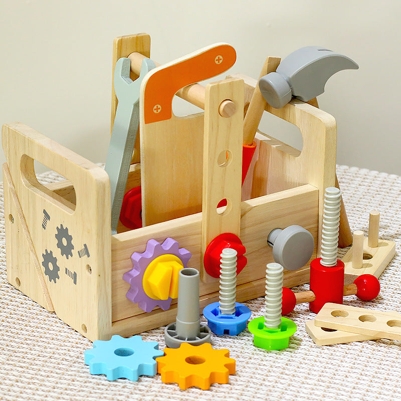 Montessori wooden tool set with bench and toolbox function for toddlers