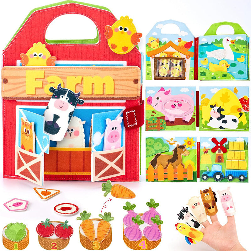 Buntes Beschäftigbuch im Montessori-Stil für Kleinkinder im Vorschulalter mit Dinosaurier-, Prinzessin-, Weihnachts-, Bauernhof-, Zoo- und Ozean-Themen sowie 3D-Filzseiten und interaktiven Lernelementen.