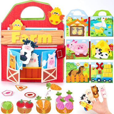 Buntes Beschäftigbuch im Montessori-Stil für Kleinkinder im Vorschulalter mit Dinosaurier-, Prinzessin-, Weihnachts-, Bauernhof-, Zoo- und Ozean-Themen sowie 3D-Filzseiten und interaktiven Lernelementen.