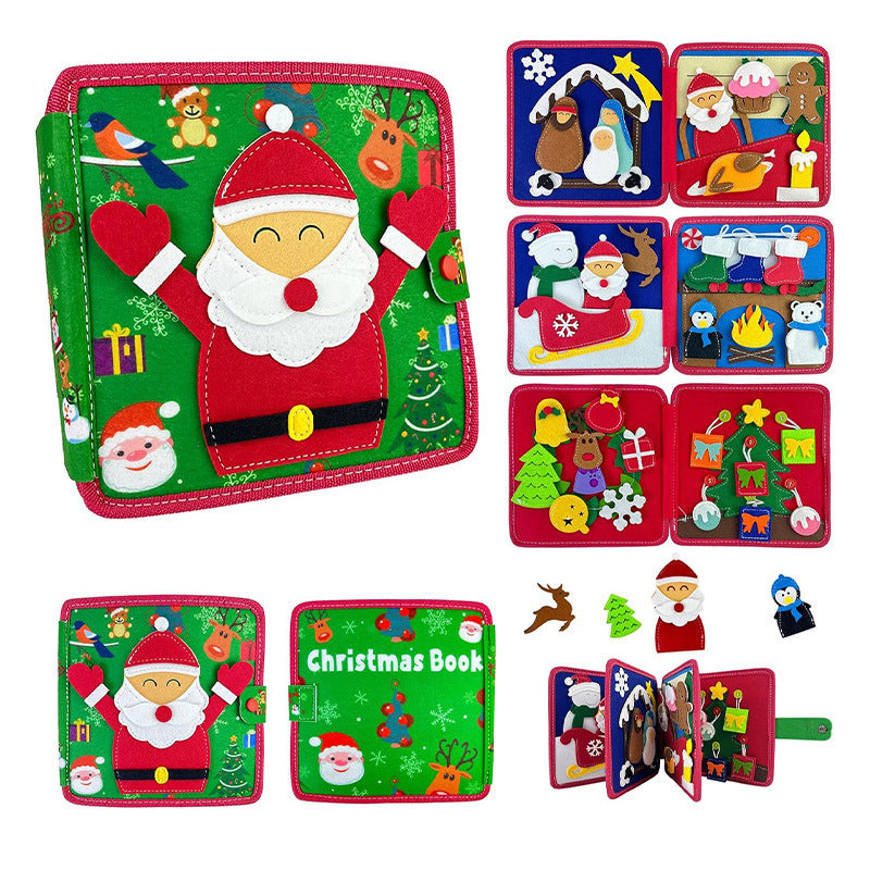 Colorful Montessori-style preschool busy book for toddlers featuring dinosaur, princess, Christmas, farm, zoo, and ocean themes with 3D felt pages and interactive learning elements.