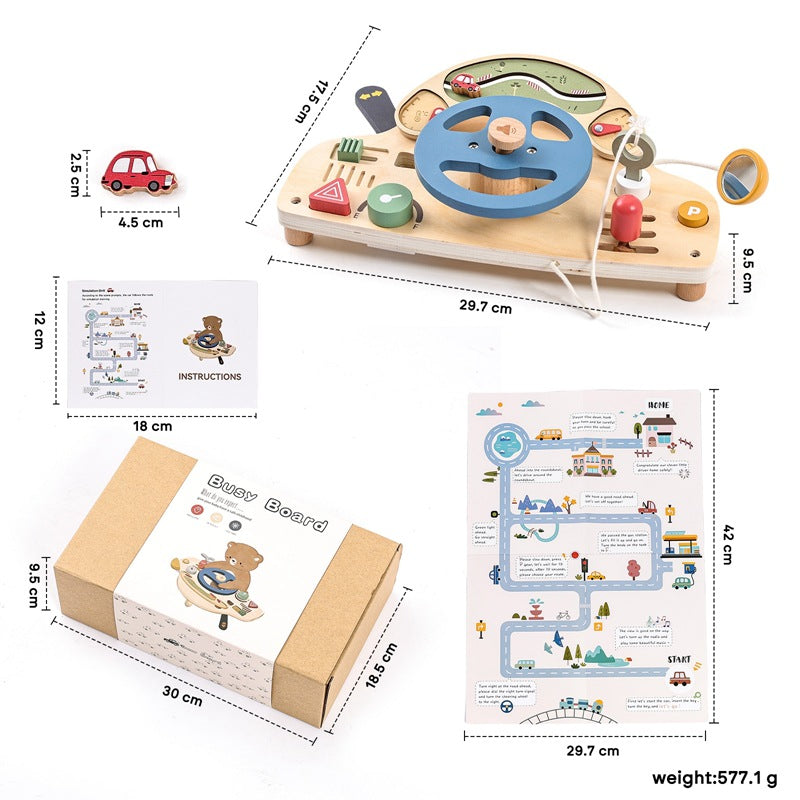 Side angle view of the sturdy wooden busy board, highlighting its compact design and multiple learning stations.
