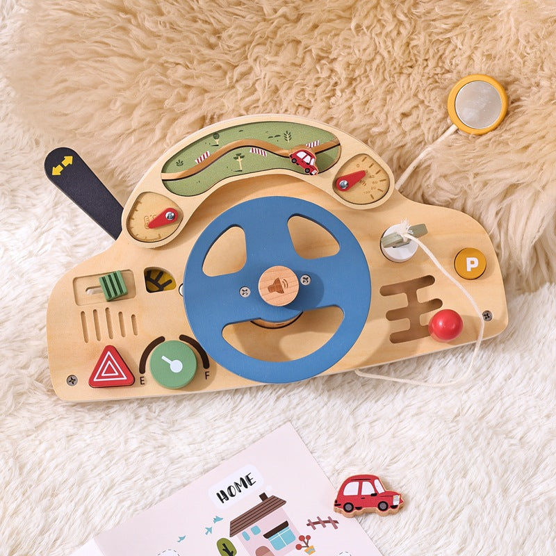 Side angle view of the sturdy wooden busy board, highlighting its compact design and multiple learning stations.