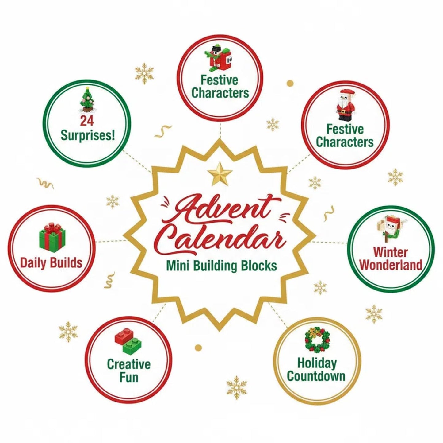  All 24 models from the Christian building set, including a Christmas tree, snowman, reindeer, and Santa Claus.