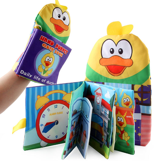 Multi-functional baby sensory book in duck puppet design, perfect for early learning and interactive play