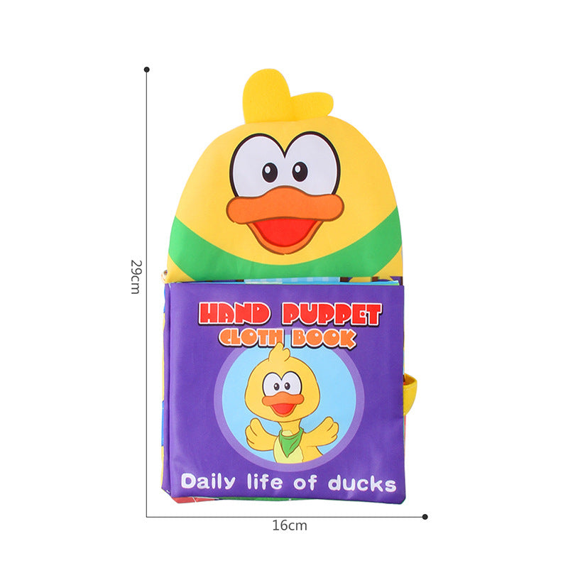 Multi-functional baby sensory book in duck puppet design, perfect for early learning and interactive play