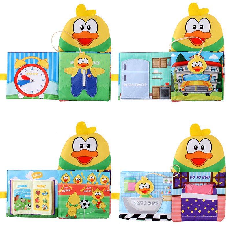 Multi-functional baby sensory book in duck puppet design, perfect for early learning and interactive play