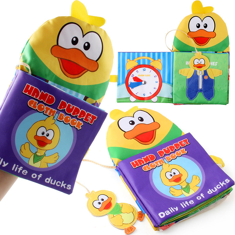 Multi-functional baby sensory book in duck puppet design, perfect for early learning and interactive play