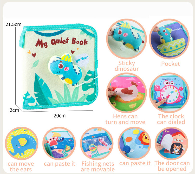 Fabric busy book clipped to stroller for on-the-go toddler play during travel or tummy time