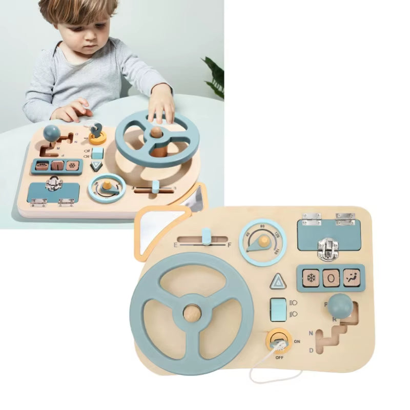Montessori toddler busy board made of solid beechwood, featuring a steering wheel, locks with keys, switches, and gears for sensory play.