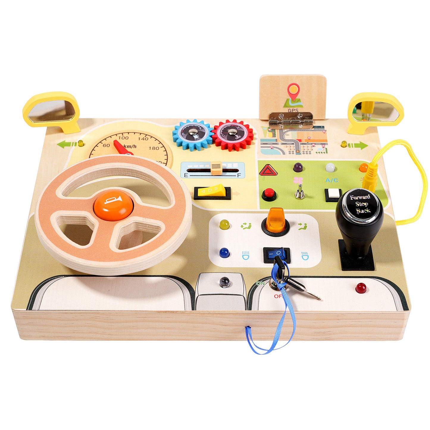 A toddler playing with a wooden steering wheel busy board, featuring realistic buttons, gears, and colorful letters on the back.