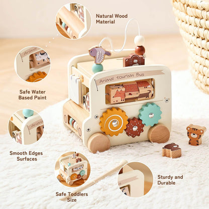 Montessori 8-in-1 Wooden Activity Bus - Multifunctional Learning Toy for Toddlers