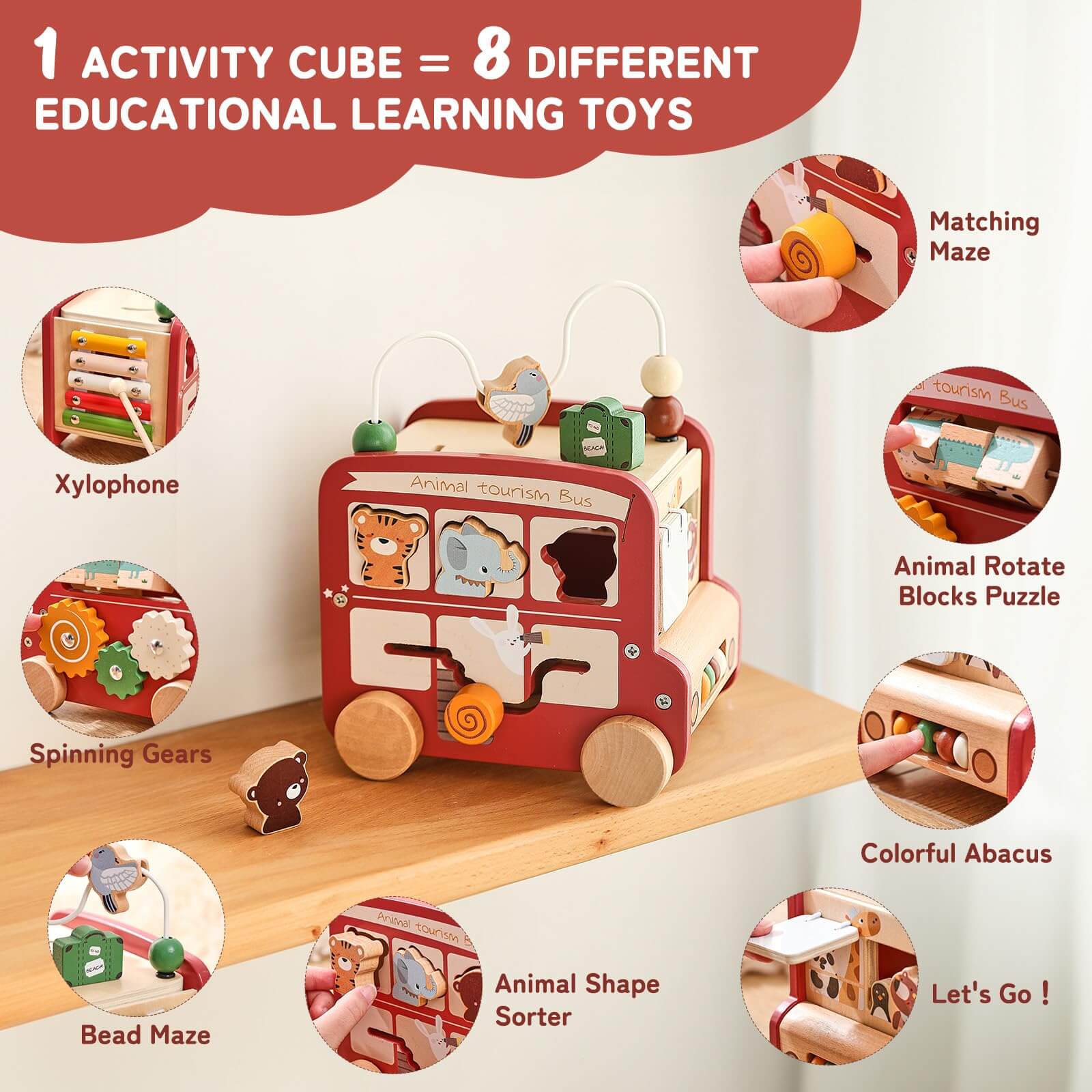 Montessori 8-in-1 Wooden Activity Bus - Multifunctional Learning Toy for Toddlers