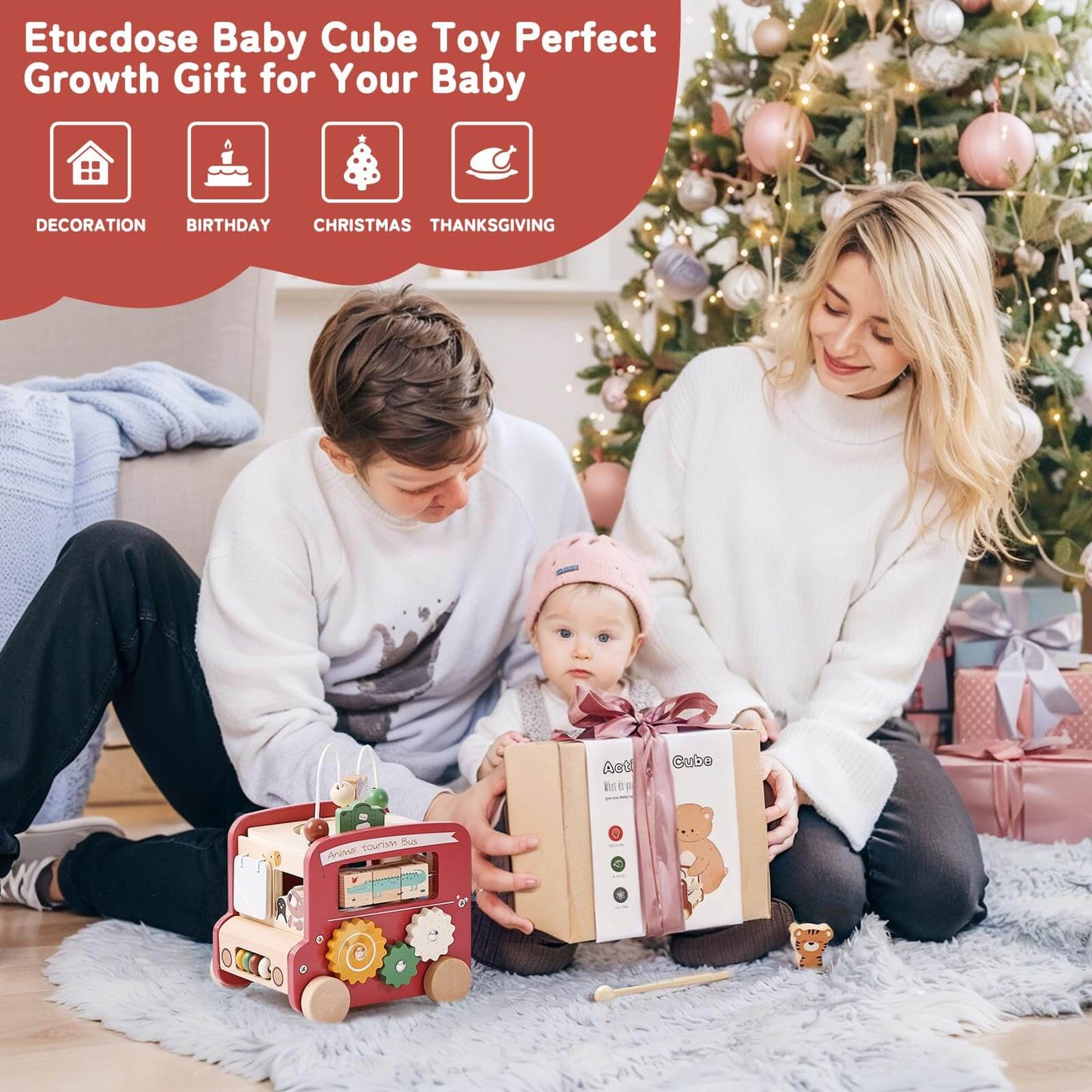 Montessori 8-in-1 Wooden Activity Bus - Multifunctional Learning Toy for Toddlers