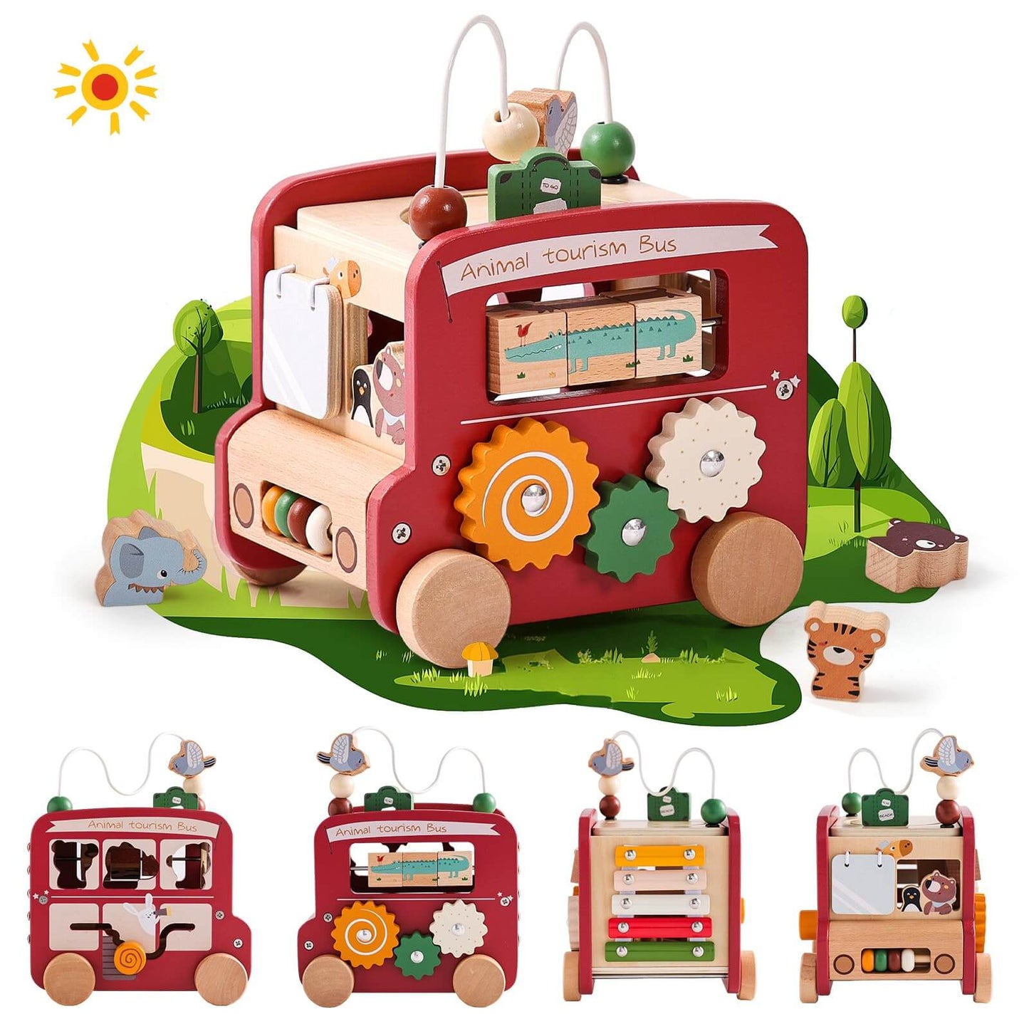 Montessori 8-in-1 Wooden Activity Bus - Multifunctional Learning Toy for Toddlers