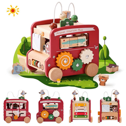 Montessori 8-in-1 Wooden Activity Bus - Multifunctional Learning Toy for Toddlers