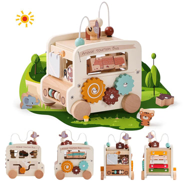Montessori 8-in-1 Wooden Activity Bus - Multifunctional Learning Toy for Toddlers