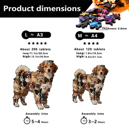 Unique shaped wooden puzzle featuring adorable dog, bone, and doghouse designs. Perfect for family fun, creativity, and home decor.