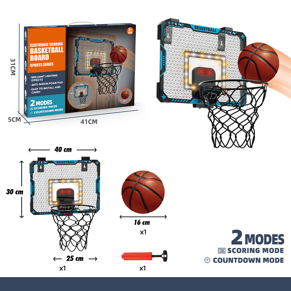 Kids playing with wall-mounted basketball hoop featuring electronic scoreboard and LED lights