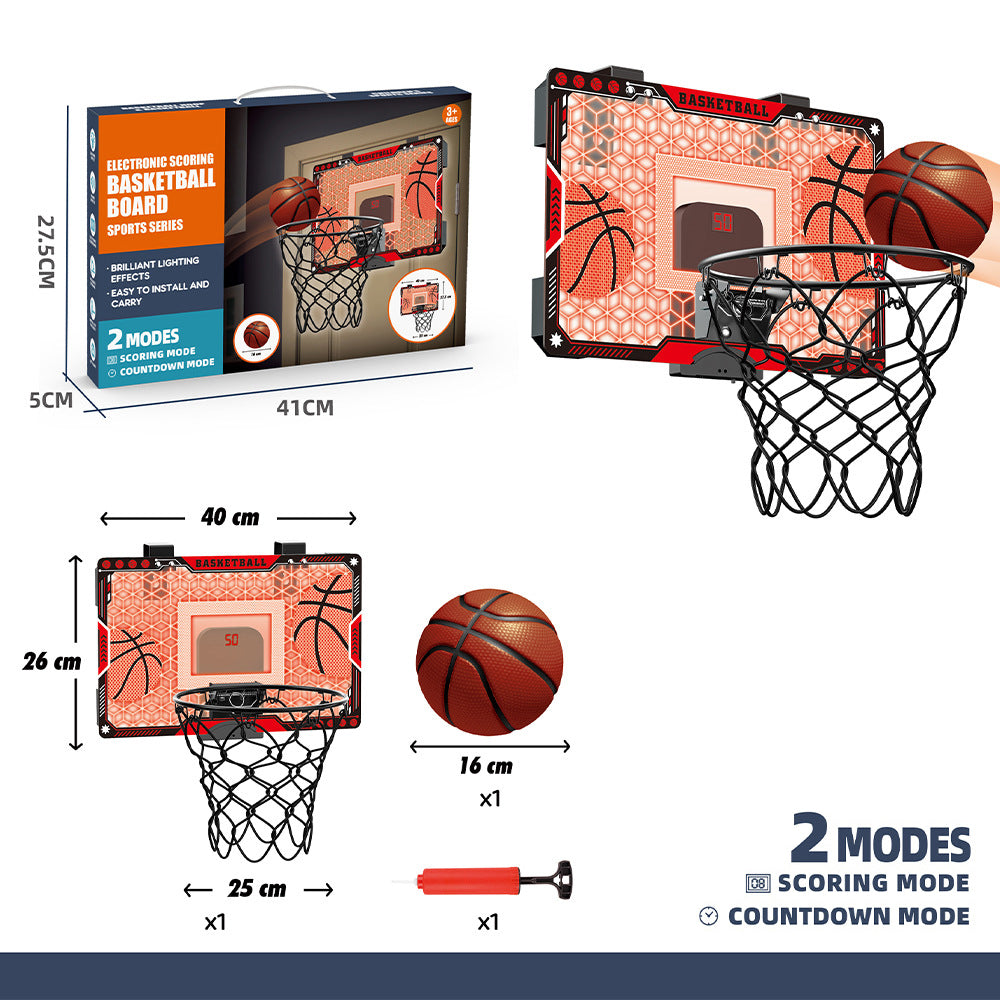 Kids playing with wall-mounted basketball hoop featuring electronic scoreboard and LED lights