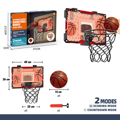 Kids playing with wall-mounted basketball hoop featuring electronic scoreboard and LED lights