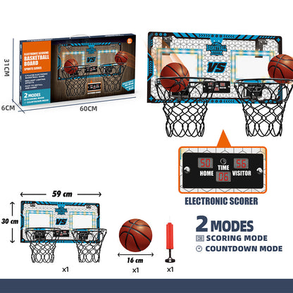 Kids playing with wall-mounted basketball hoop featuring electronic scoreboard and LED lights