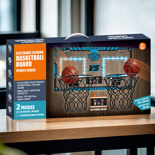 Kids playing with wall-mounted basketball hoop featuring electronic scoreboard and LED lights