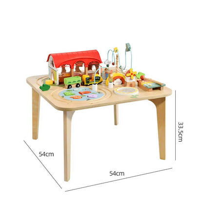 Main product shot of a multifunctional 9-in-1 wooden activity table for toddlers on a neutral background.