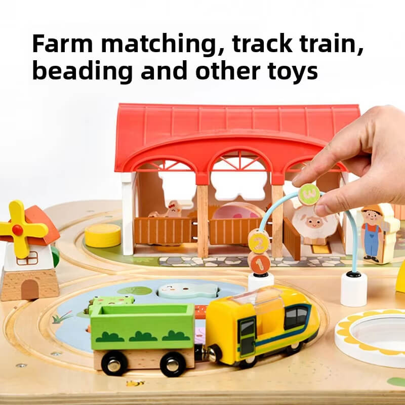 Main product shot of a multifunctional 9-in-1 wooden activity table for toddlers on a neutral background.