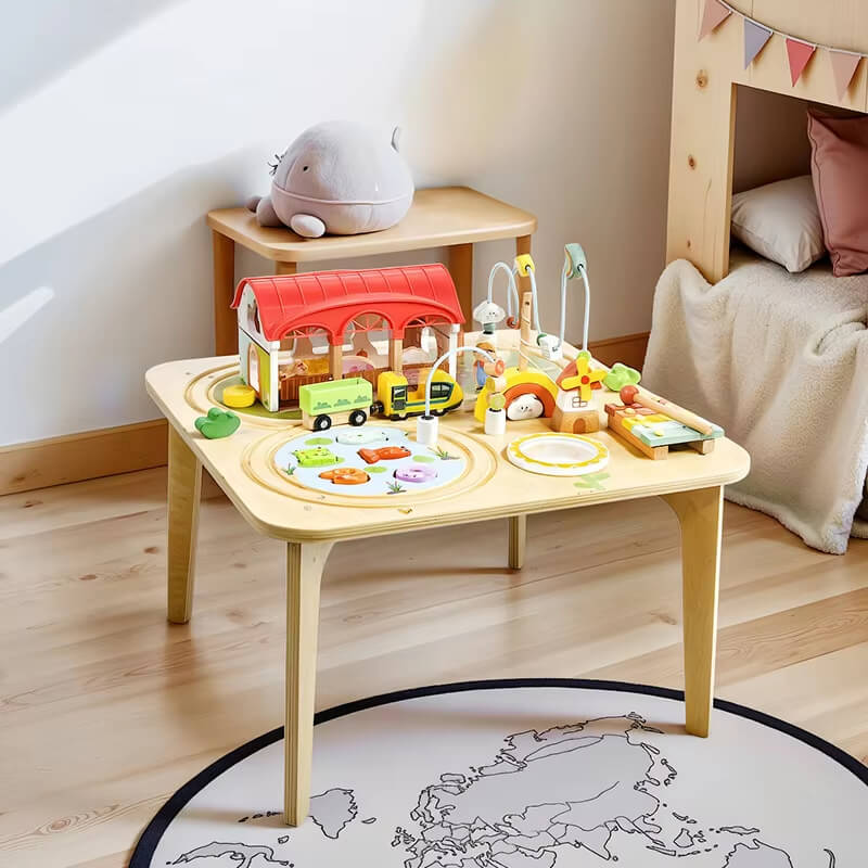 Main product shot of a multifunctional 9-in-1 wooden activity table for toddlers on a neutral background.