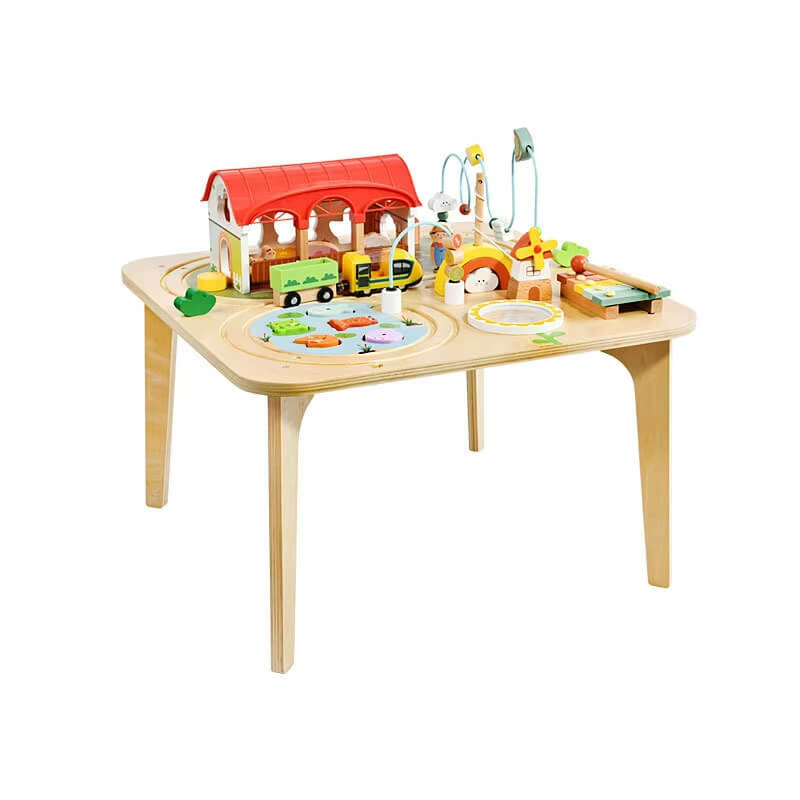 Main product shot of a multifunctional 9-in-1 wooden activity table for toddlers on a neutral background.
