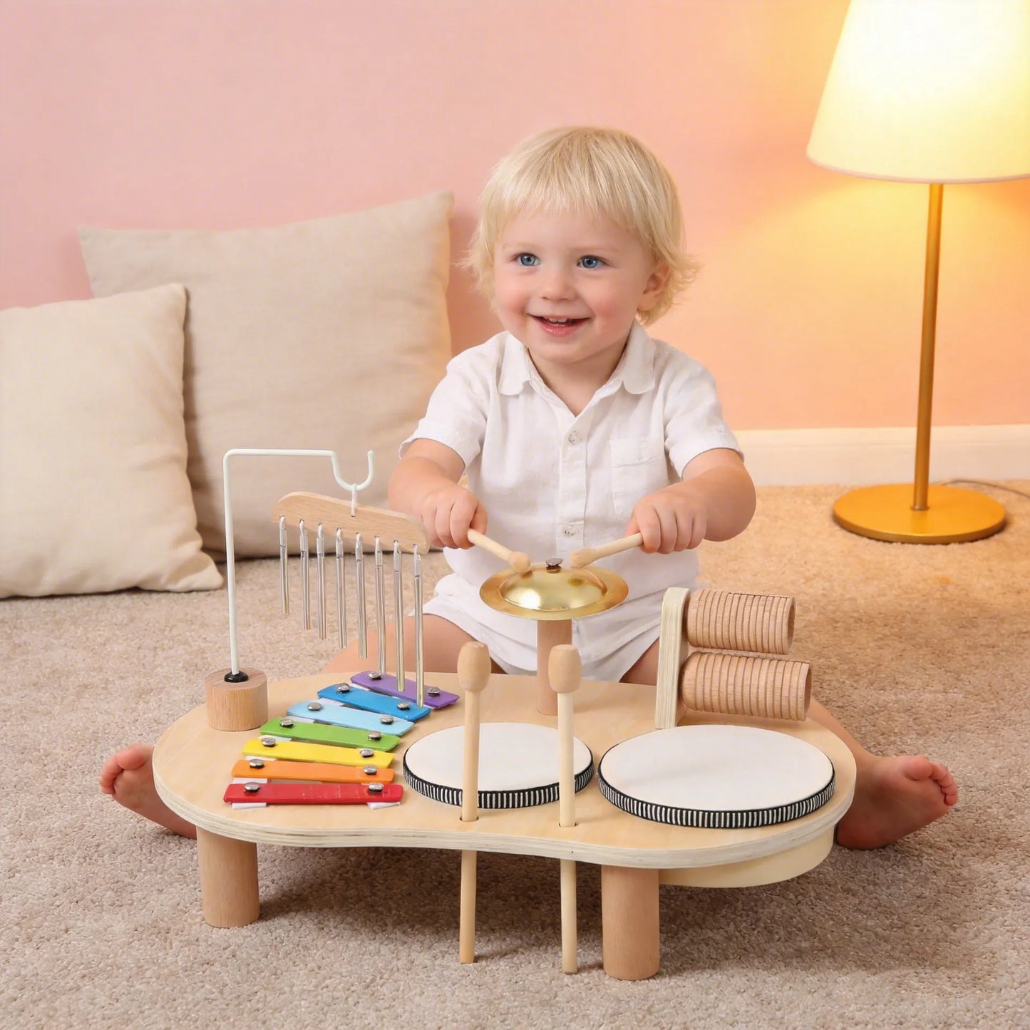 Wooden all-in-one music discovery center featuring xylophone, chimes, and drums for toddlers.