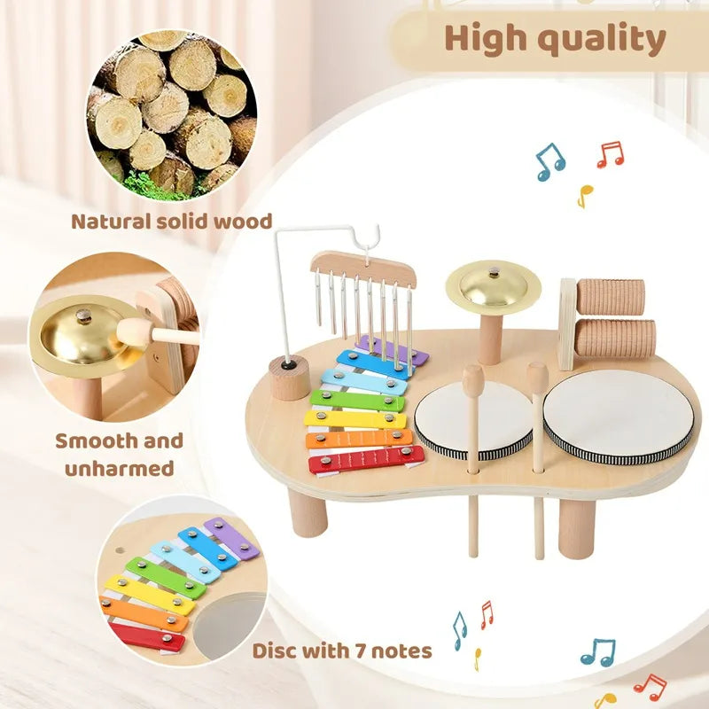 Wooden all-in-one music discovery center featuring xylophone, chimes, and drums for toddlers.