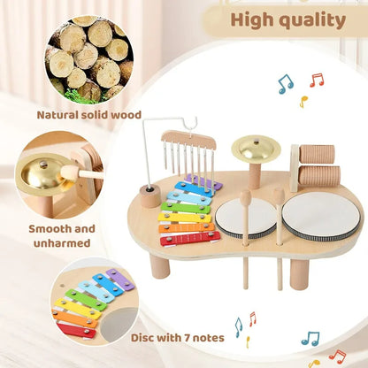 Holzernes alles-in-eines Musik-Entdeckungs-Spielzentrum mit Xylophon, Spielglocken und Trommeln für Kleinkinder