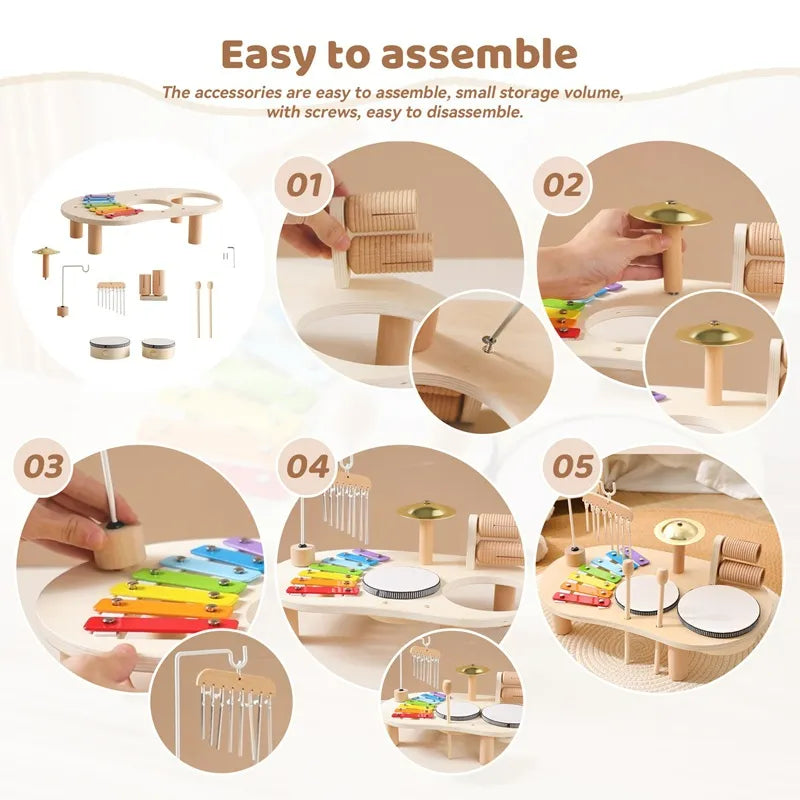 Wooden all-in-one music discovery center featuring xylophone, chimes, and drums for toddlers.