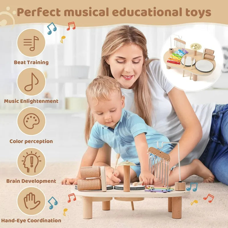Wooden all-in-one music discovery center featuring xylophone, chimes, and drums for toddlers.