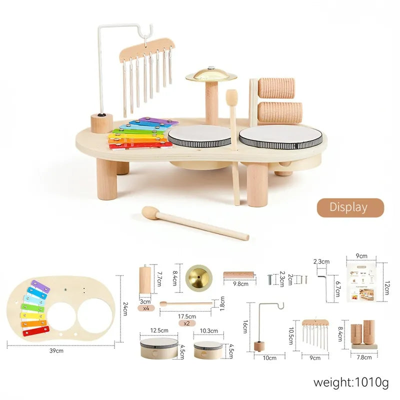 Wooden all-in-one music discovery center featuring xylophone, chimes, and drums for toddlers.