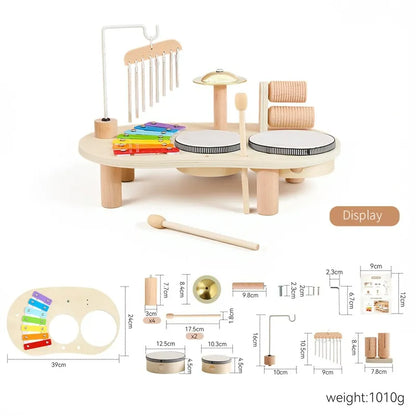 Holzernes All-in-One-Musik-Entdeckungszentrum mit Xylophon, Glocken und Trommeln für Kleinkinder.
