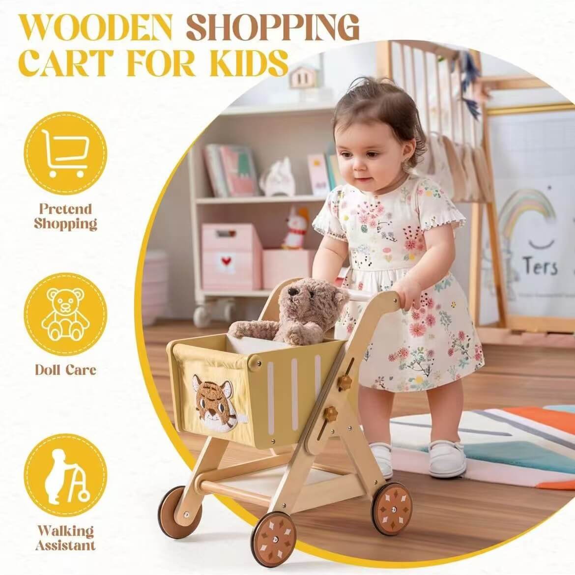 The natural wooden walker placed in a cozy home setting, blending seamlessly with room decor as a child plays nearby.