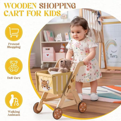 The natural wooden walker placed in a cozy home setting, blending seamlessly with room decor as a child plays nearby.