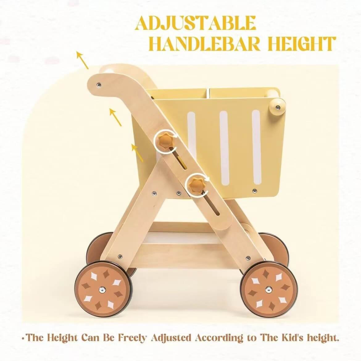 The natural wooden walker placed in a cozy home setting, blending seamlessly with room decor as a child plays nearby.