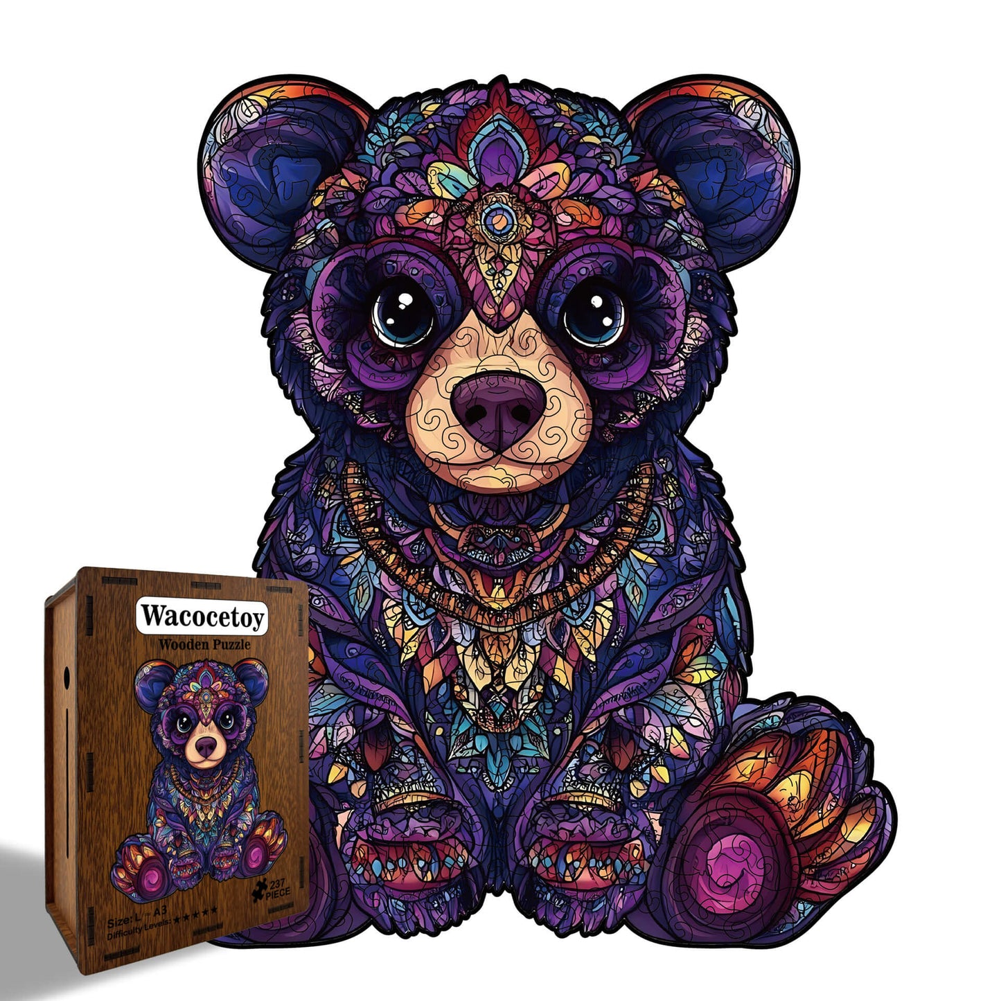 Wooden bear puzzle with unique-shaped pieces for kids aged 5 and up, educational and fun family game