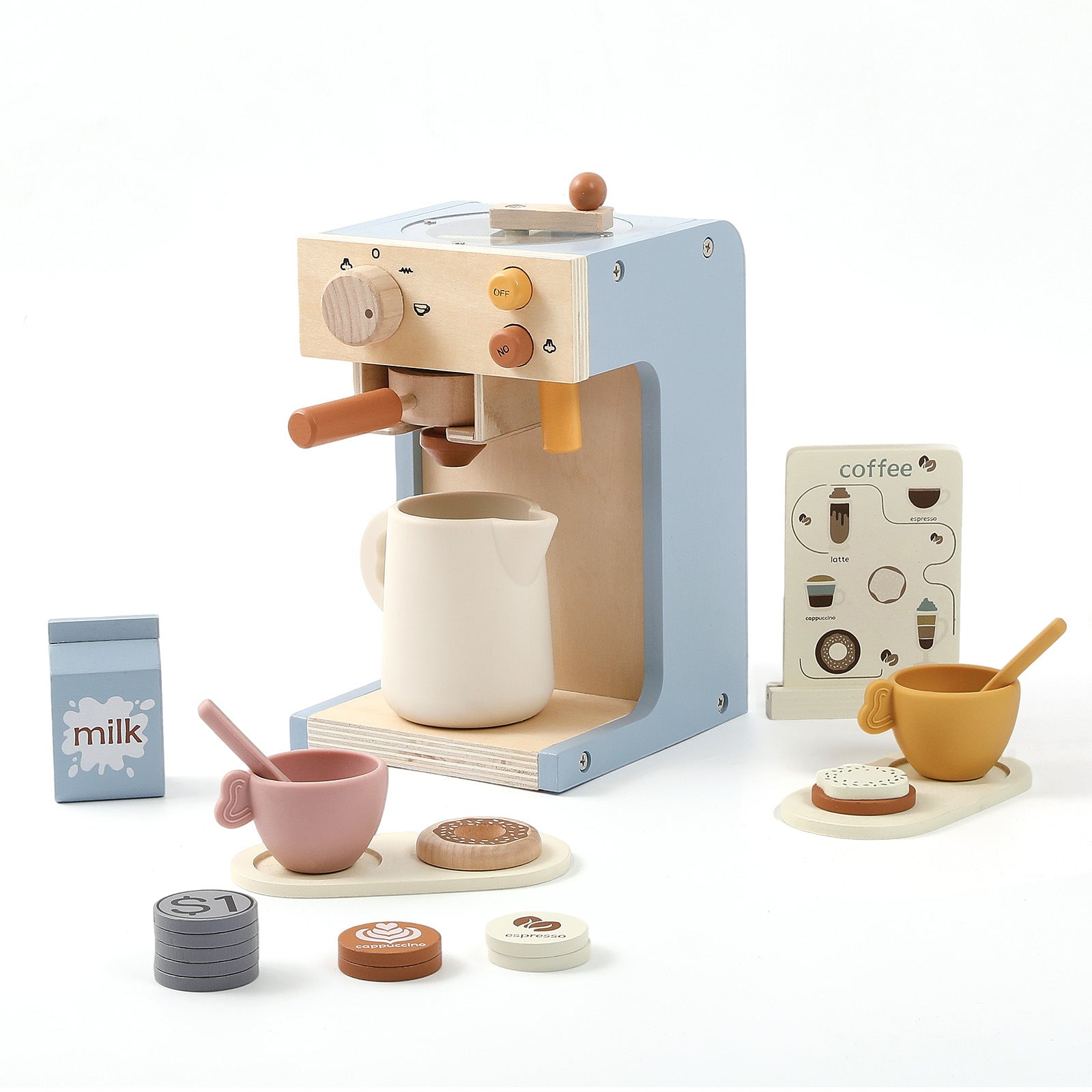 Wooden kids coffee maker playset with grinder, coffee cup, filters, coaster, and coffee discs – Montessori-inspired pretend play toy for toddlers
