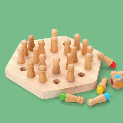 Wooden memory matching game board with colorful pegs and dice, perfect for kids and seniors.