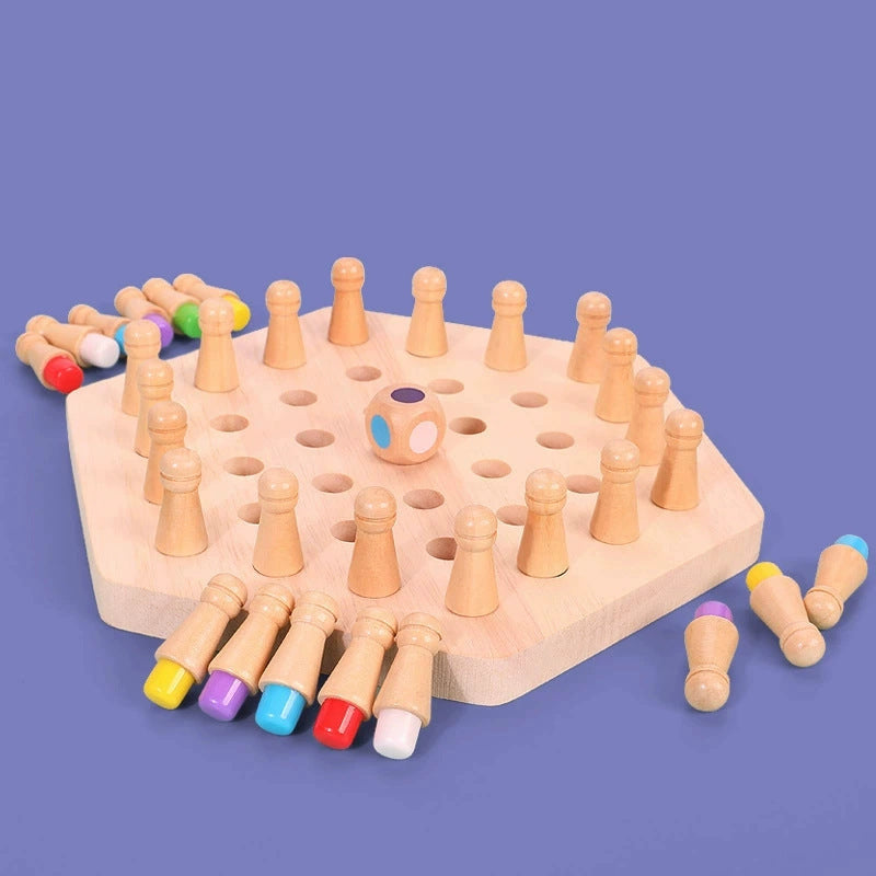 Wooden memory matching game board with colorful pegs and dice, perfect for kids and seniors.