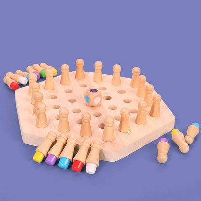 Wooden memory matching game board with colorful pegs and dice, perfect for kids and seniors.