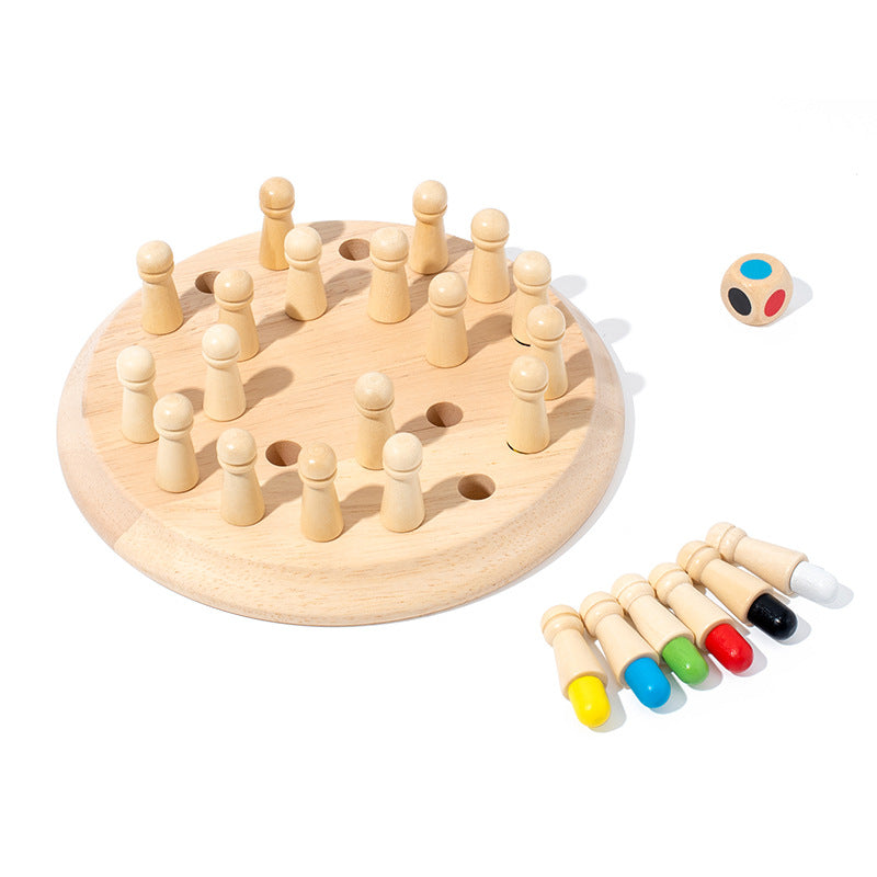 Wooden memory matching game board with colorful pegs and dice, perfect for kids and seniors.