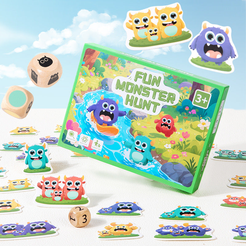Wooden monster hunt card game for kids – fast-paced interactive tabletop game with colorful dice and cards